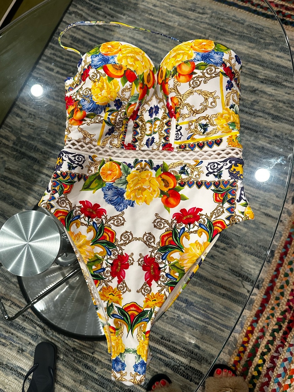 River Island White Floral One-Piece Swimsuit with Yellow & Blue Accents